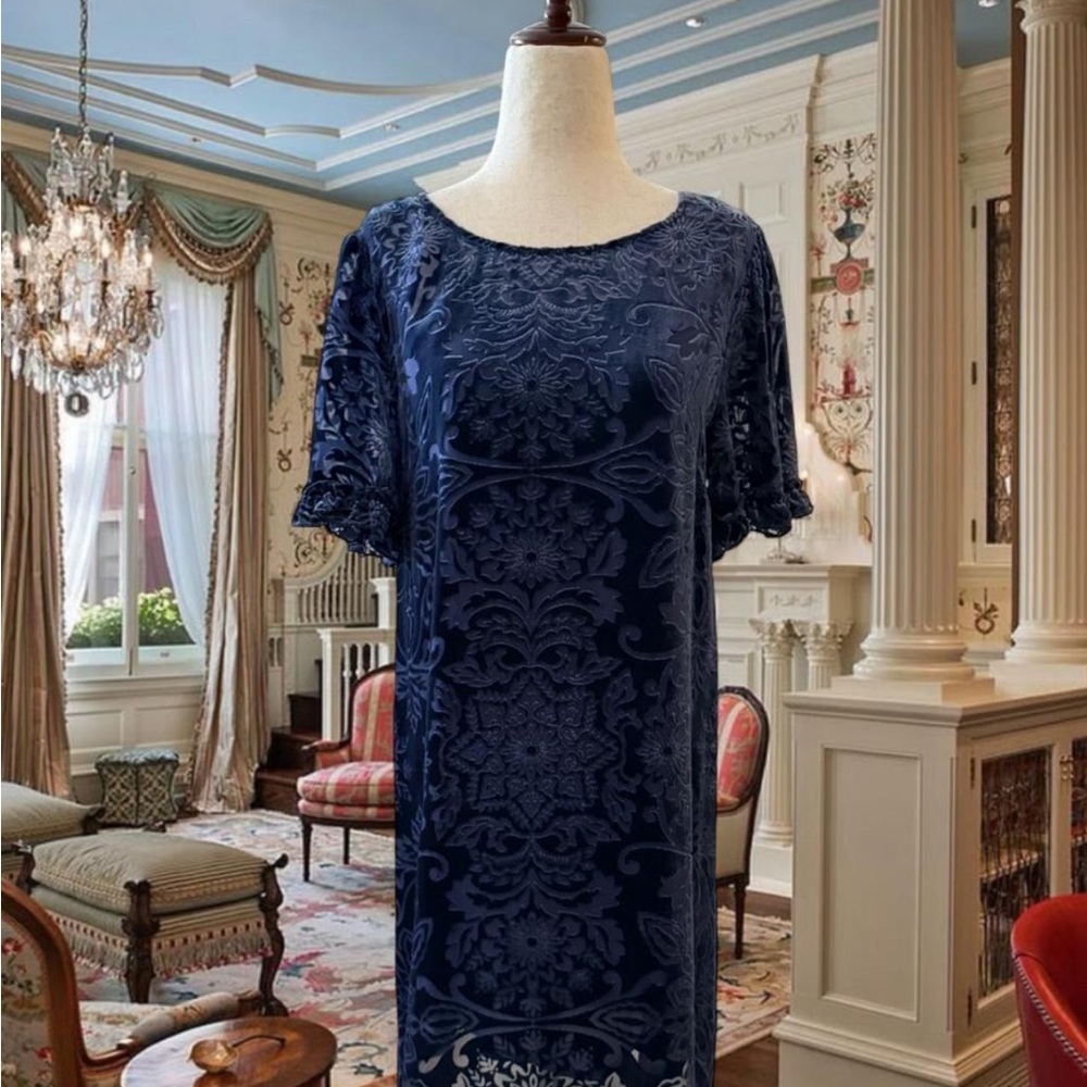 NWT Johnny Was ‘Jade’ floral Velvet Dress in Deep Blue